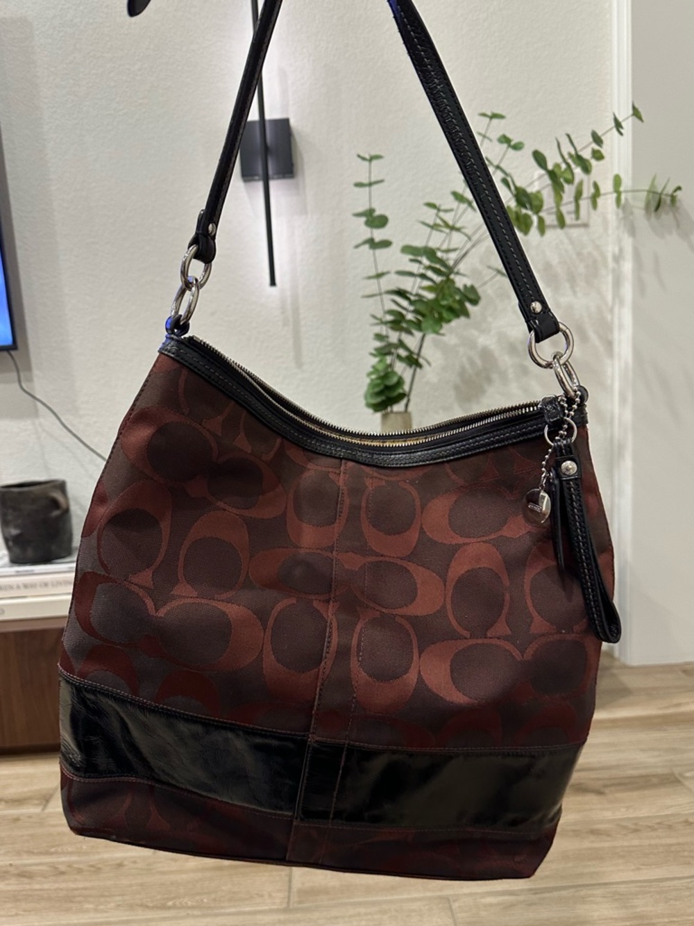 Coach Signature Hobo Bag in Deep Burgundy and Black